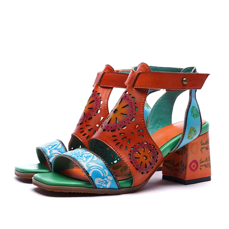 Босоножки VALLU женские в этническом стиле сандалии с вышивкой на квадратном