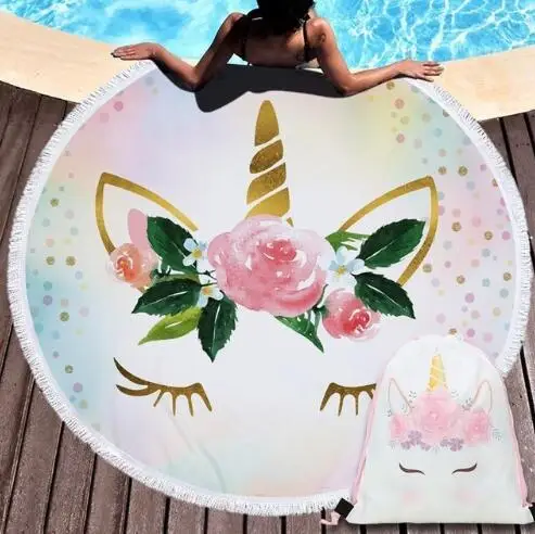 Модный дизайн мультфильм Единорог серии микрофибра пляжное полотенце с Drawstring