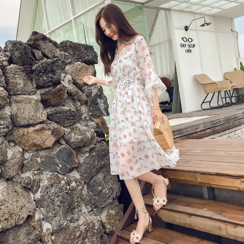 2019 Summer Fashion Women's Clothing Flare Three-quarter Sleeves V-neck Dress Sashes Flowers Printing Plus Size Dresses Female | Женская