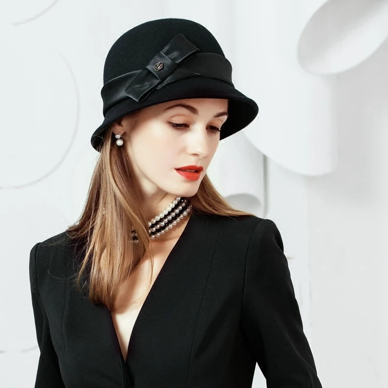 

2018 100% Wool Felt Hat Women Elegant Vintage Retro Cloche Hat Bowler Derby Cap Party Wedding Church Fedora for Ladies B-7431
