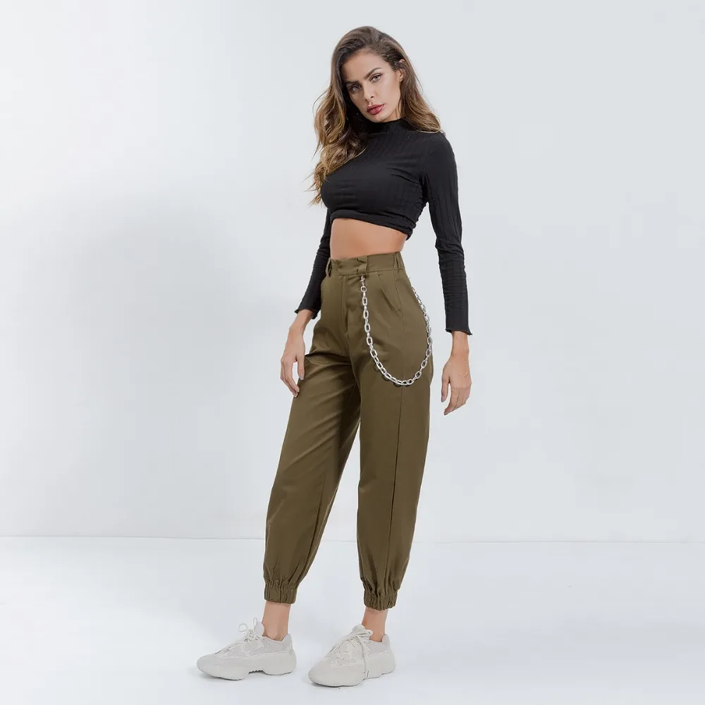 Ботильоны длина карманные на цепочке Брюки карго свободные высокой пояс