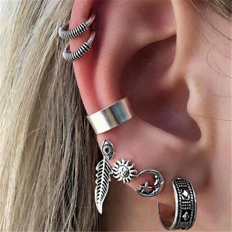 

Fashion 7Pcs/Set 2017 New Antique Silver Color Ethnic Style Cricle Leaf Moon Soon Shape Stud Earrings For Women Ear Cuff Jewelry