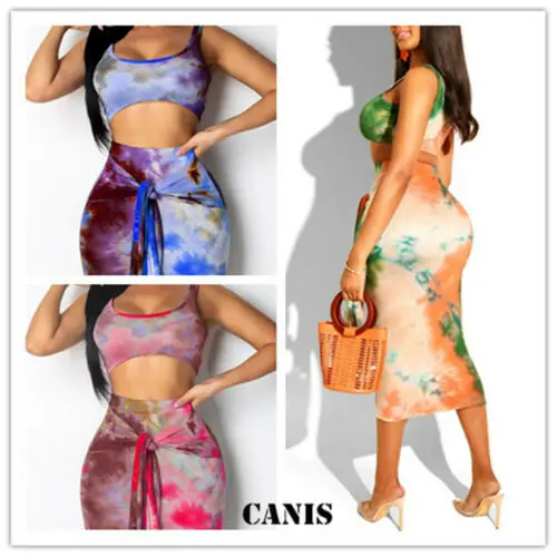 Летние Для женщин на бретелях 2 шт. Платье облегающее два бандажные кроп-топы