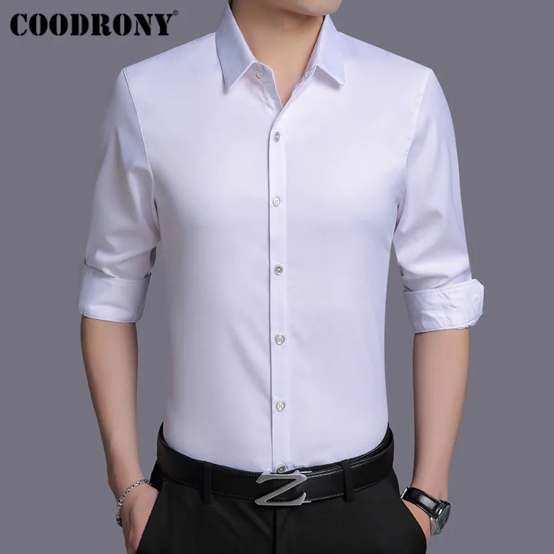 Белый COODRONY, мужская рубашка, осенняя, с длинным рукавом, деловая, хлопковая, Классическая, одноцветная, приталенная, размера плюс, повседневные рубашки 96001 - Цвет: Белый