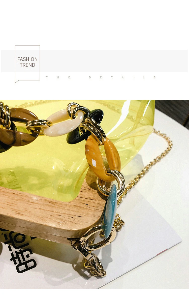Wood Clip PVC Clear Jelly Handbag Woman New Designer Korean Acrylic Chain Transparent Jelly Shoulder Bag Clutch Female