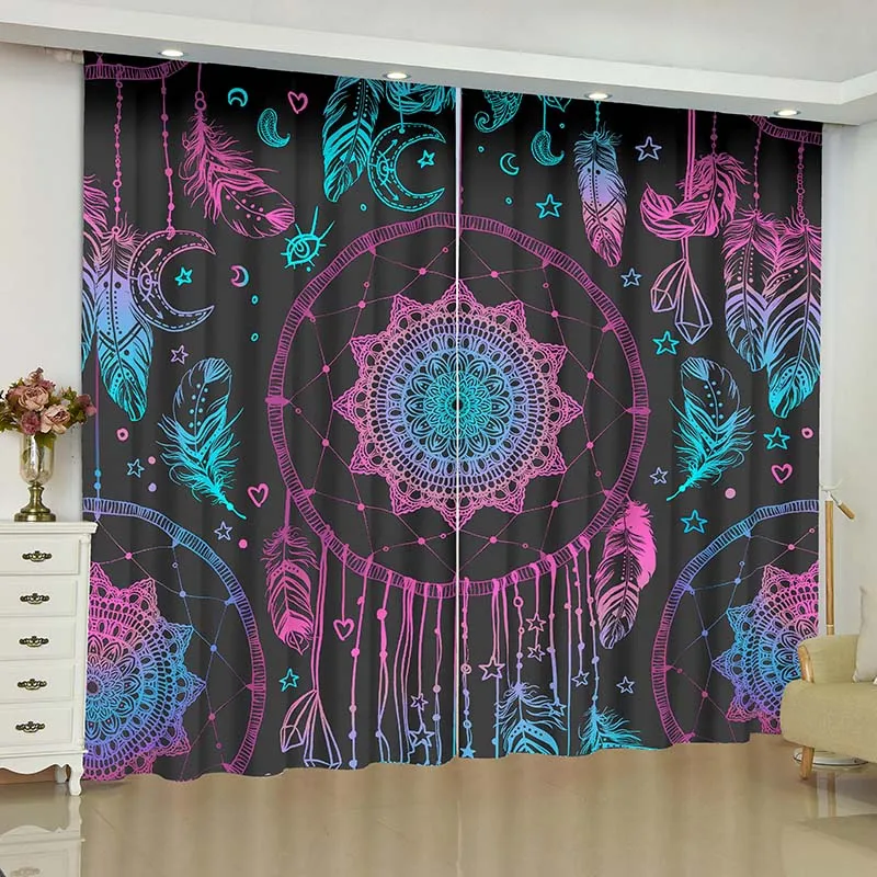 Dreamcatcher curtains for window Buddha statue Dreamcatcher blinds finished drapes window blackout curtains parlour room blinds - Color: 1