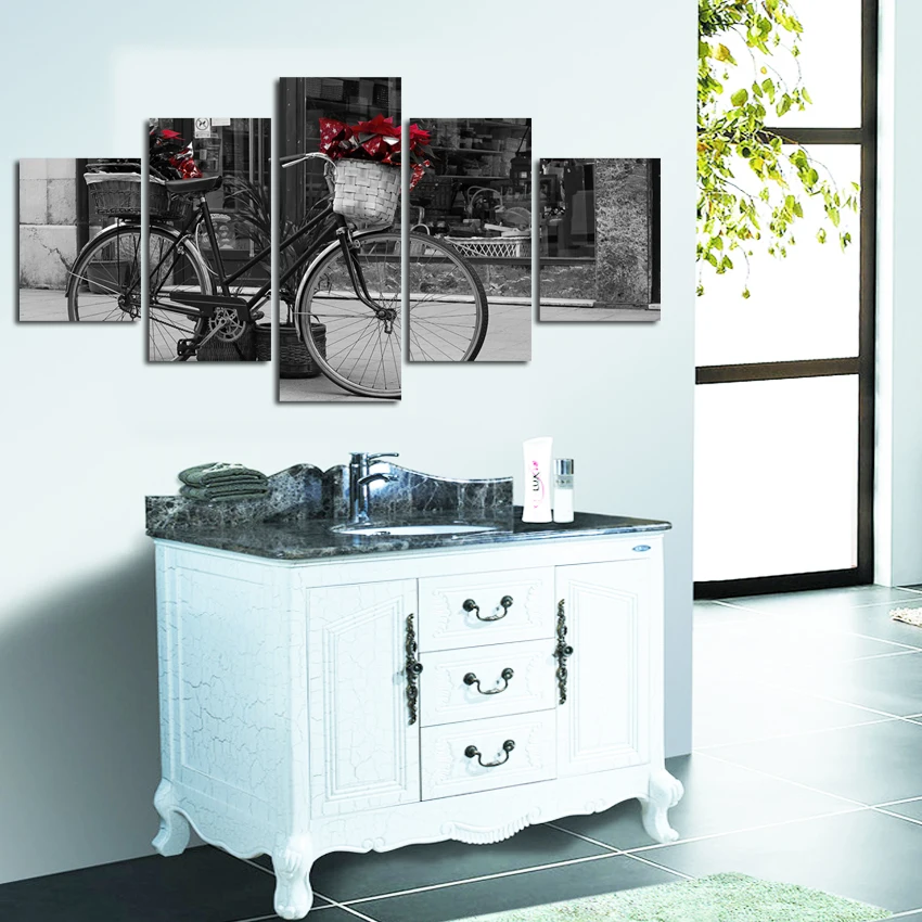 Печать холст Картина 5 штук черно белые велосипедные картина печати высокого