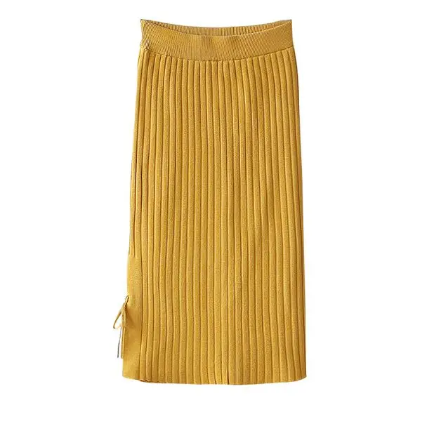 Вязаная юбка Модный ранец до середины икры Длина Разделение сбоку с Строки