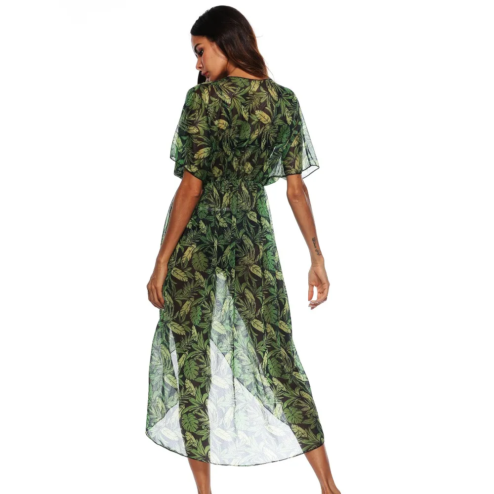 PGSD Summer Leaf printing Short sleeve Frenulum Irregular Sunscreen Chiffon cardigan Sexy beach Loose thin chiffon blouse female | Женская