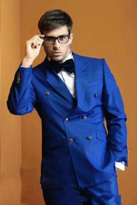 Двубортный синий мужской костюм из 2 предметов (куртка брюки) на заказ модный