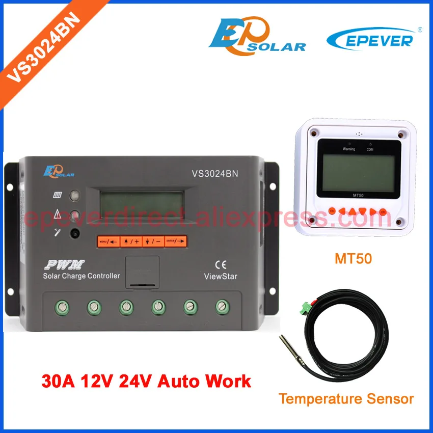 

EPEVER VS3024BN 30A 30amp EPSolar charging regulator solar Controller 12v 24v with temperature sensor and MT50 remote meter