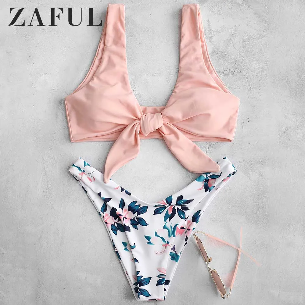 ZAFUL Beachwear Summer Plant Print Tie High Cut Women Set Casual Scoop Collar Padded Crop Top Elastic Shorts Beach Suits | Женская