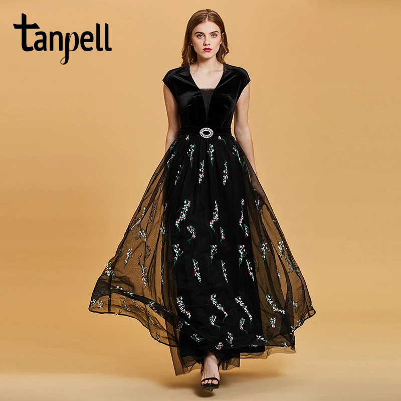 Tanpell Мода Плюс Вечерние платья Охотник v образным вырезом линия Длина пола платье кепки рукава Аппликации Кружева длинное вечернее платье