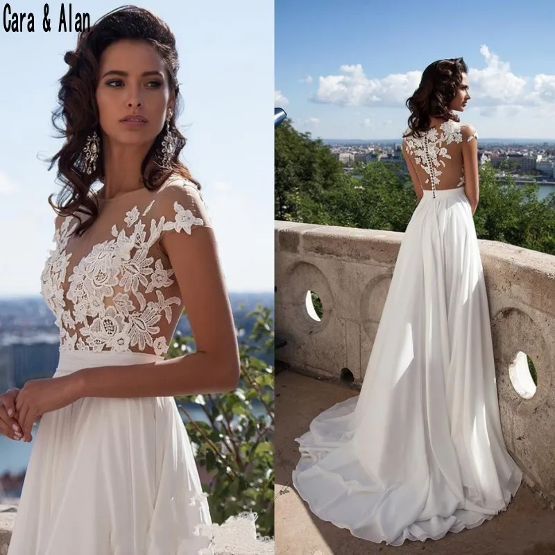 

Sexy Beach Wedding Dresses Beach Sheer Scoop Neck High Side Split Chiffon Lace Applique Cheap Bohemian Bridal Gowns