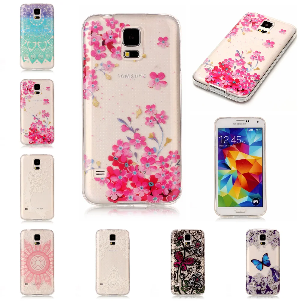 For Samsung Sansung Sumsung S5 I9600 Transparent Silicone Ultra Thin Skin Cover Etui Fundas Phone Mobile Flower |