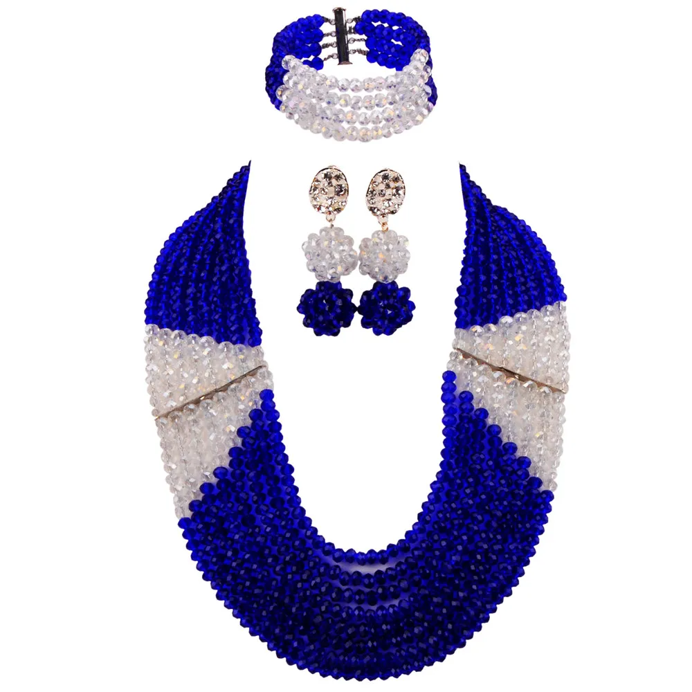 

Royal Blue and Transparent Clear AB African Beads Jewelry Set Nigerian Necklace Wedding Party Jewelry Gifts LBSJ10