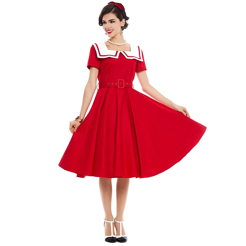 Queenus винтажное платье 1950 S стиль лето красное Pin Up с коротким рукавом морской