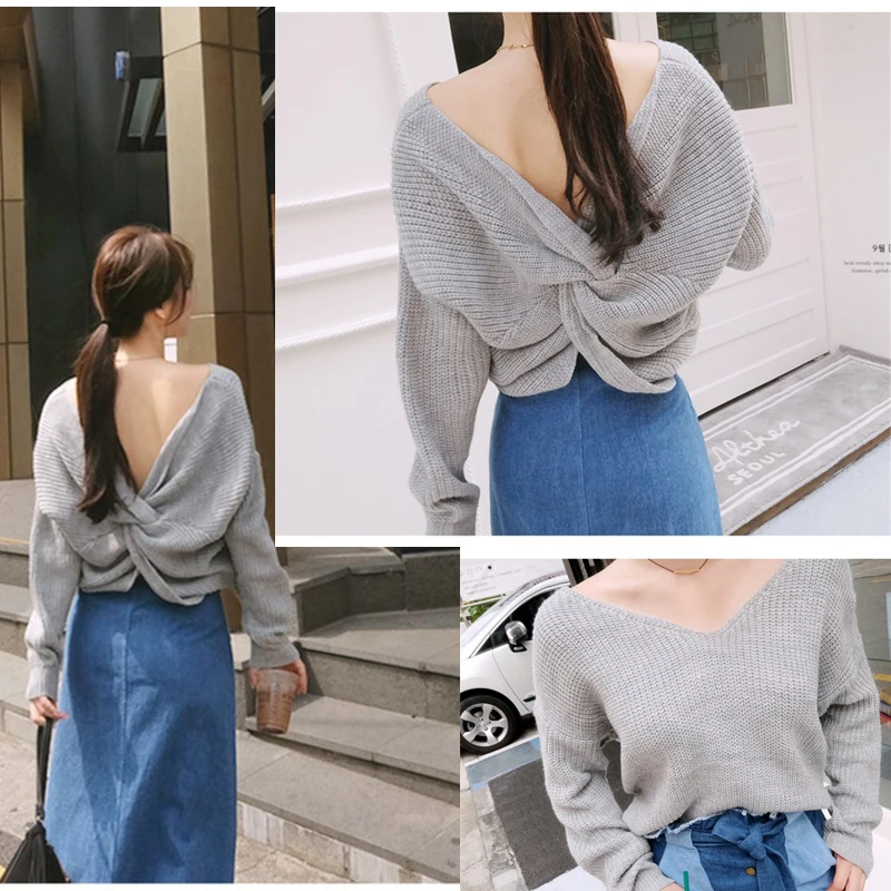 V Neck Sweaters Spring Autumn Women Sexy Backless Reversible Long Sleeve Cross Tie Knot Knitted Pullovers Jumpers | Женская одежда
