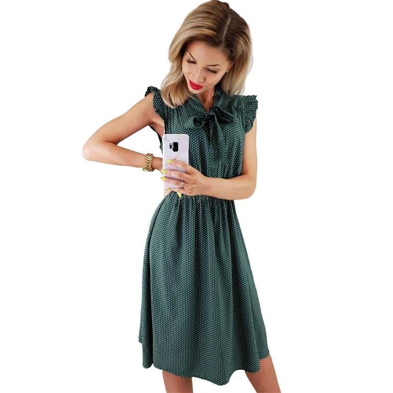 AvoDovA Bohemian Summer Women Dot Chiffon Dresses Fashion Sleeveless O Neck Ruffles Female Dress | Женская одежда