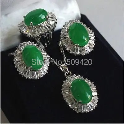 

Free Shipping Wholesale>>>JJ6543 Lovely Sets natural green stone pendant necklace silver Stud earring Ring