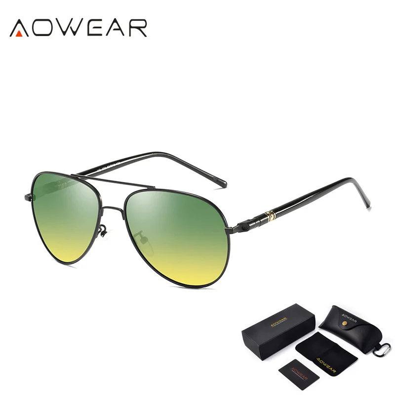 Black Green AOWEAR, день, ночное видение, солнцезащитные очки, мужские, поляризационные, авиация, день и ночь, очки для вождения автомобиля, антибликовые, HD, очки для водителя - Цвет линз: Black Green