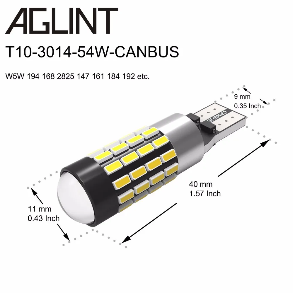 AGLINT 2 шт. светодиодный T10 автомобильные лампочки CANBUS для w5w Нет ошибок 54 SMD 194 168 свет