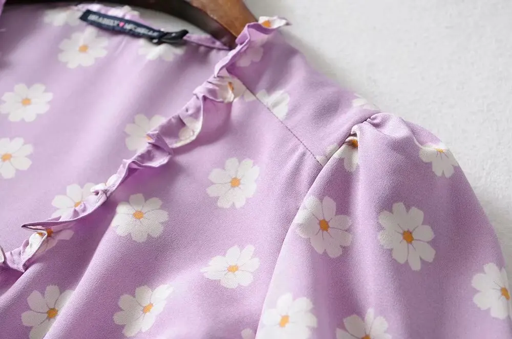 Винтажное пляжное платье kawaii с цветочным рисунком и рюшами на пуговицах, женское мини-платье в стиле бохо, элегантное сексуальное вечернее платье с глубоким v-образным вырезом, женское повседневное летнее платье