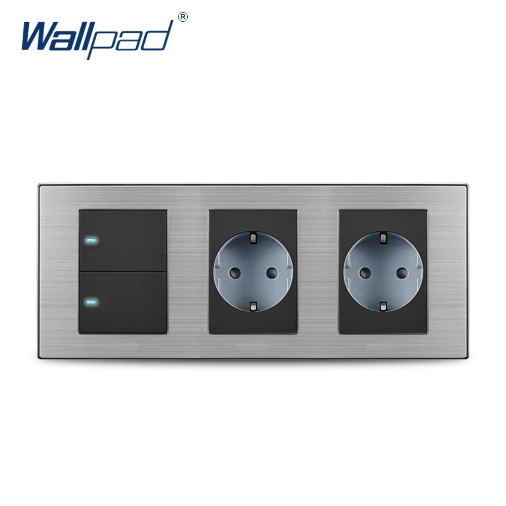 Black Wallpad Горячая 2 кнопки 2 переключателя с 2 розетками ЕС Schuko Роскошная настенная электрическая розетка немецкий стандарт 234*86 мм - Цвет: Black