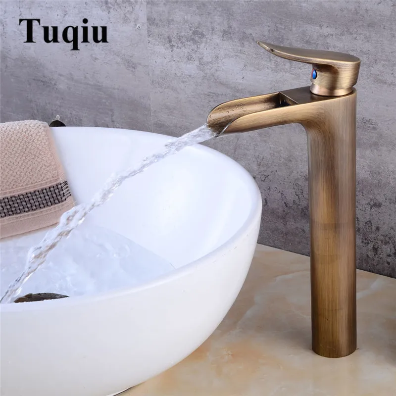 

Antique Tall Basin Faucets Waterfall Bathroom Faucet Single handle Basin Mixer Tap Bath Antique Faucet Brass Sink Water Crane