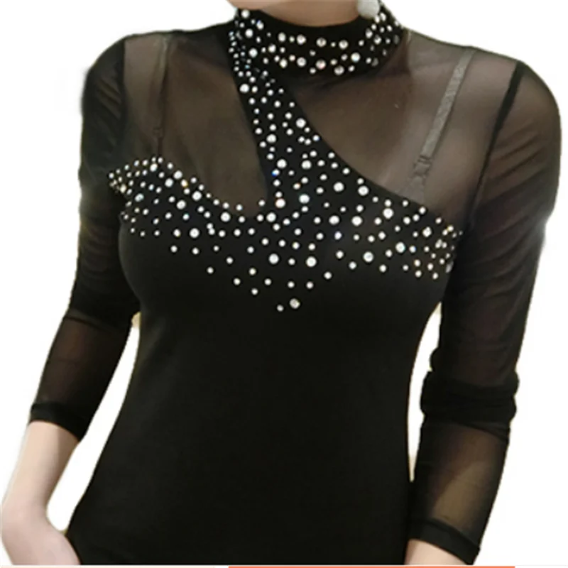 Женские футболки стразы сексуальные топы из сетчатой пряжи с длинным рукавом