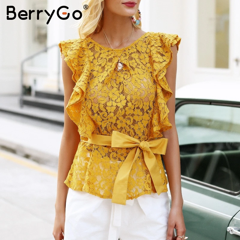 BerryGo элегантная летняя кружевная блузка с рюшами рубашка сексуальная без рукавов
