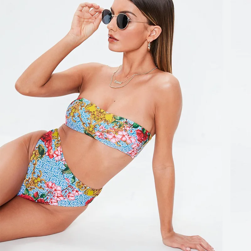 Sexy Floral Bikinis 2019 Brazilian Mononiki Print Thong Biquini High Cut Swimwear Women Bandeau Swimsuit Female Bathing Suit | Женская