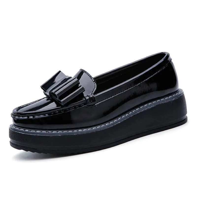 Bowtie Split Leather Oxfords Casual Flat Platform Loafers Brogue Shoes Woman Slip On Flats Vintage Women Creepers | Обувь