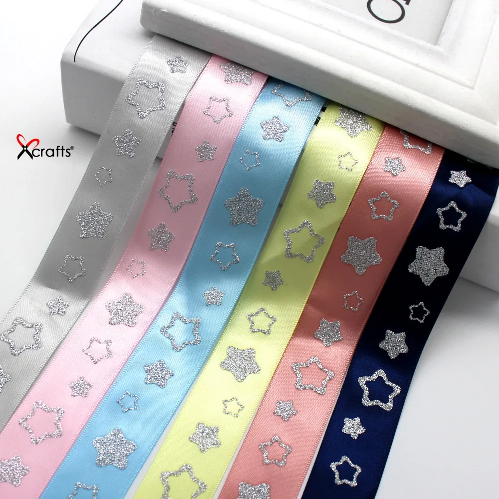 

New 25MM 1" Satin Ribbon Hot Silver Printed Star-shaped For DIY Hairbows