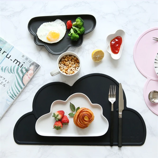 

2PCS Cute Silicone Placemat FDA Mat Baby Kids Cloud Shaped Plate Mat Table heat Insulation Mat Waterproof Set Home Kitchen Pads