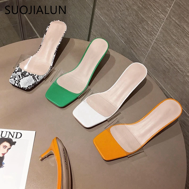 Женские шлепанцы SUOJIALUN прозрачные Шлепанцы из ПВХ на среднем каблуке Дамская