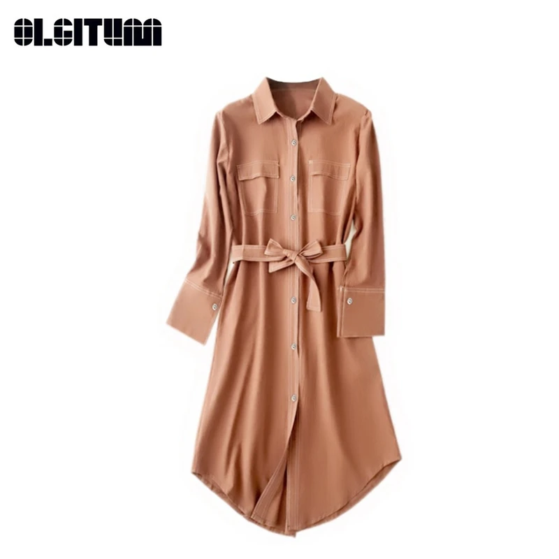 

Новое Осеннее модное женское Повседневное платье с длинными рукавами и поясом, размеры 2020 S-XL, элегантное приталенное длинное платье на пуго...