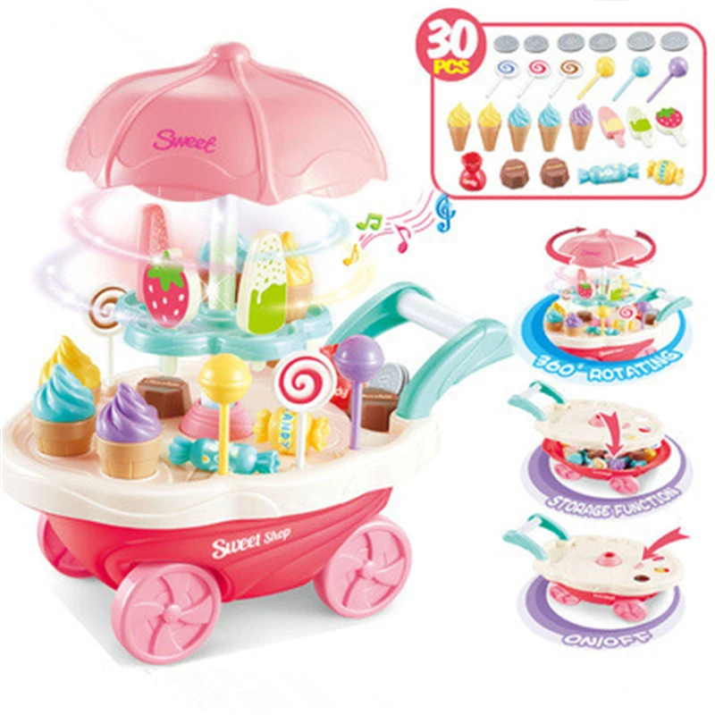 

30Pcs Pretend Play Kitchen Toys for Children Funny Mini Icecream Candy Car with Light Music Rotatable Toy Best Birthday Gifts