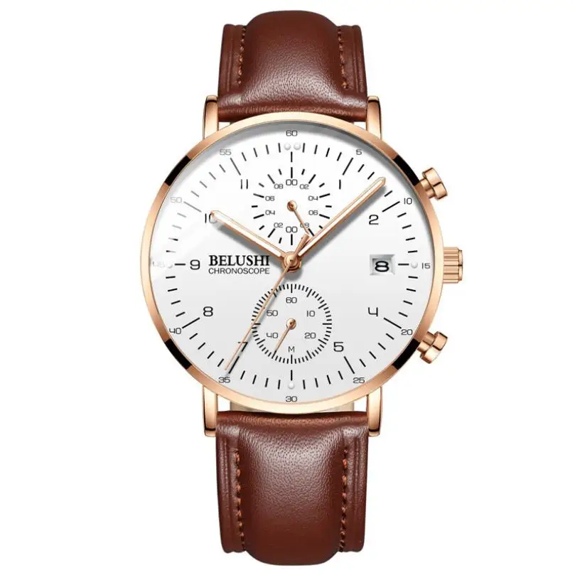 White Rose Leather Роскошные Брендовые мужские часы BELUSHI, водонепроницаемые спортивные наручные часы, мужские часы с кожаным ремешком, хронограф, мужские часы в подарок, минималистичные часы - Цвет: White Rose Leather