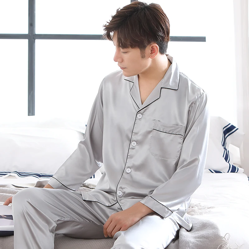 Атласные шелковые пижамы длинные для мужчин весенние и осенние мужской пижамный