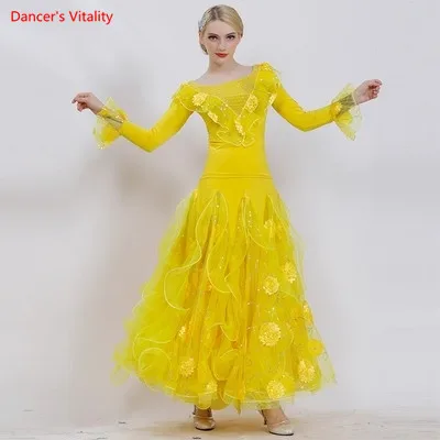 yellow suit Для взрослых костюмы для бальных танцев костюм одежда с длинным рукавом Топы+ юбка большого размера 2 шт./компл. для Для женщин, латинских танцев; вальса; Танго; танцевальный костюм для выступлений - Цвет: yellow suit