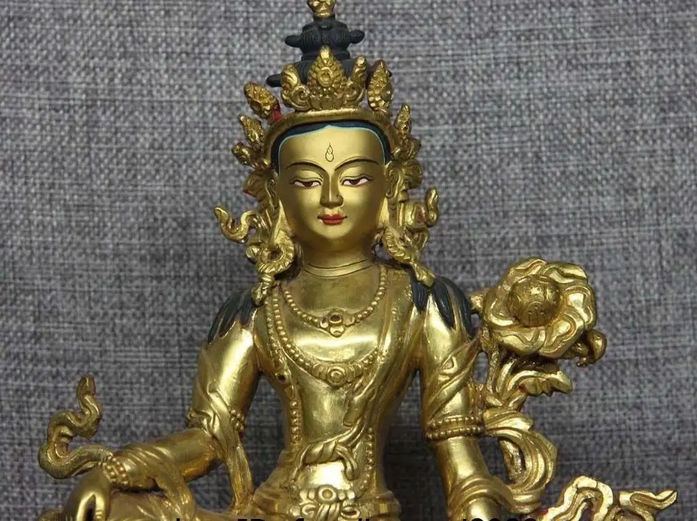 Тибетская Чистая медь и бронза 24 K золото зеленый Tara Kwan yin статуя Будды