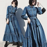 free shipping 2021 fashion plus size xs 3xl dresses for women long maxi spring and autumn denim single breasted dress with belt