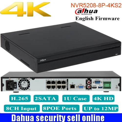 Dahua mutil language DHI-NVR5208-8P-4KS2 4K& H.265 1080P NVR Поддержка 2 порта Sata 8 poe DH-NVR5208-8P-4KS2 разрешением до 12 МП