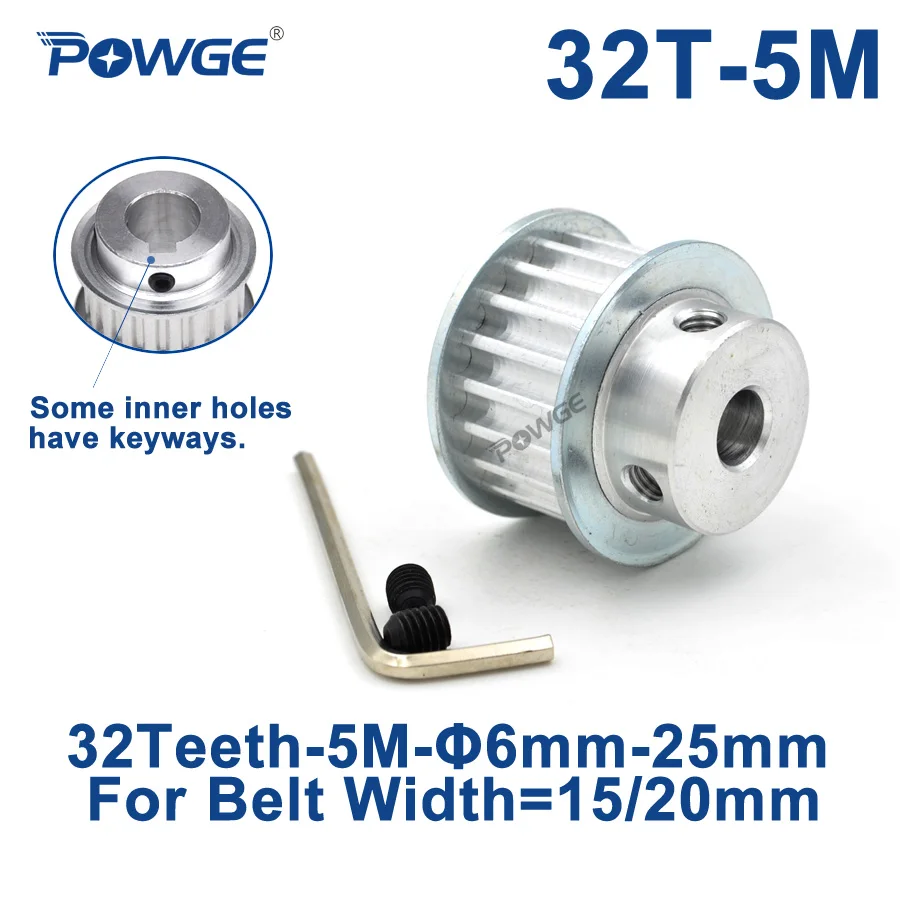 POWGE 32 зубья 5 м Синхронный шкив keyway диаметр 8/10/12/14/15/16/17/18/19/20 мм для ширины 15/20 HTD5M