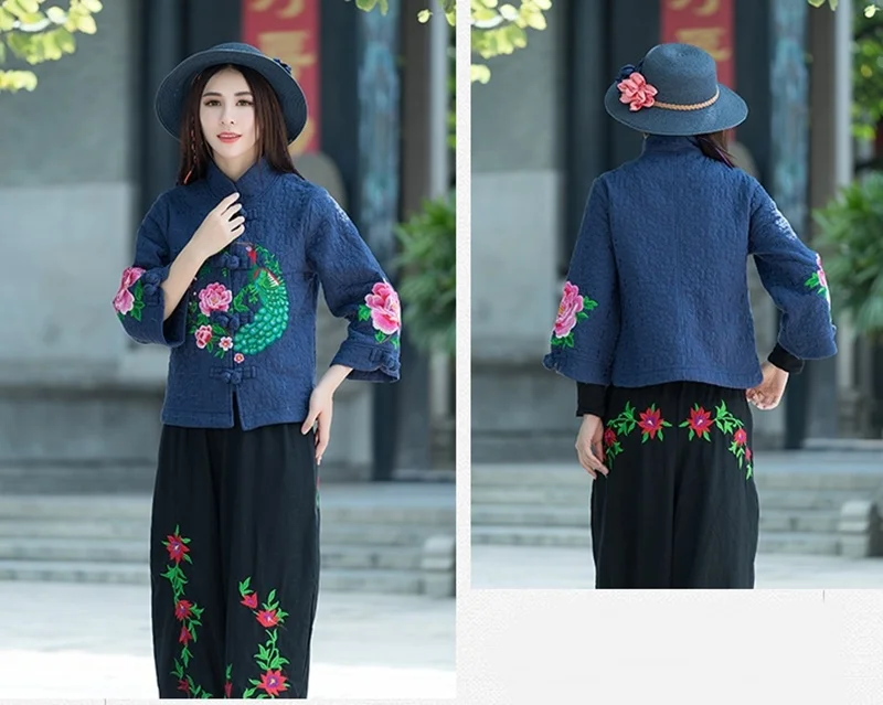 Женские китайские топы, винтажное пальто с вышивкой Hanfu, этническое пальто с воротником-стойкой, хлопковая льняная одежда в китайском стиле для женщин, FF1758