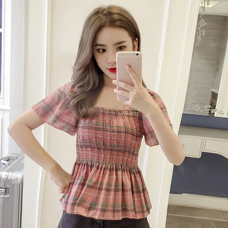2018 Summer Tops Plaid Chiffon Blouse Square Collar Short Sleeve Thin Shirts Fashion Korean Casual Woman Clothing Free Shipping |
