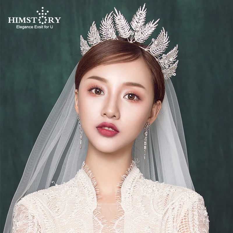 

HIMSTORY Luxury Clear Crystal Feather Shape Bridal Tiaras Crown Wedding Hair Jewelry Accessories Headpiece Pageant hairwear