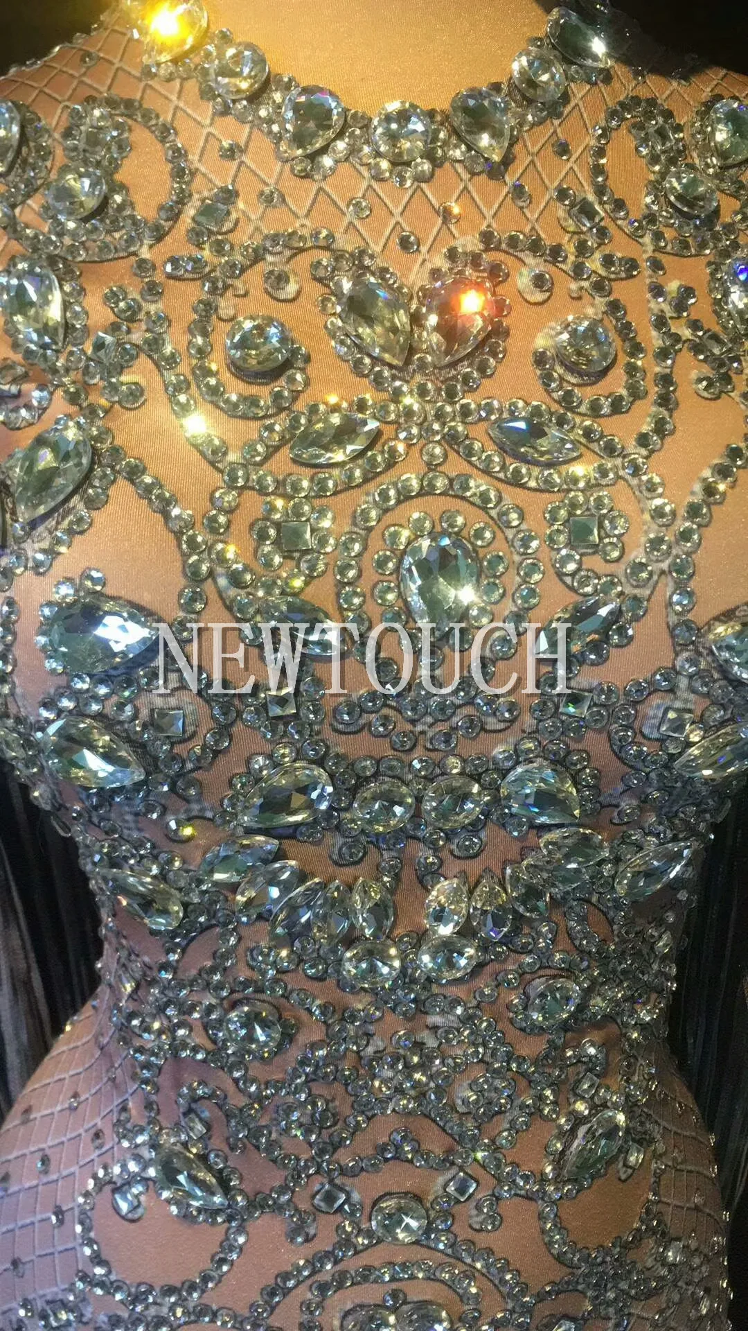Super Sparkly Rhinestone Dancer Dress Stretch Sexy Gold Glisten Crystals Costume Evening Tassel Celebrate Dress Wear Sexy Dress