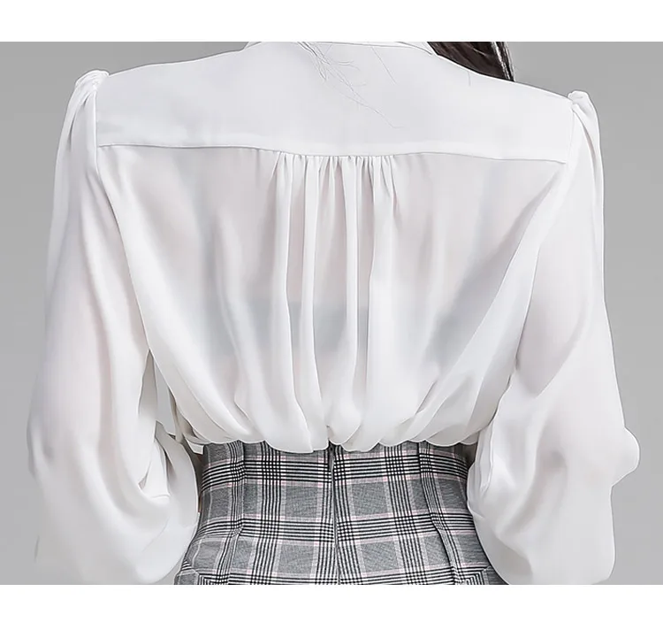 

Women 2 Pieces Set 2019 Spring fashion White long Sleeve V-Neck chiffon Shirt Top+Bodycon plaid single-breasted pencil Skirt Set